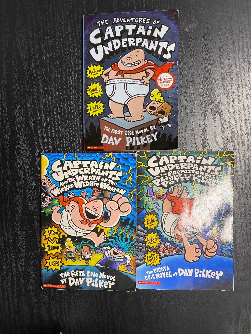 Captain Underpants Books 1, 5, and 8 Paperback Chapter Books